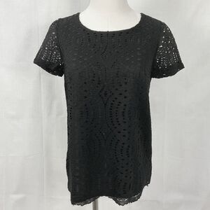 J Crew Black Lace Shirt Lined Keyhole button back S/Sleeve Top Blouse Sz O New